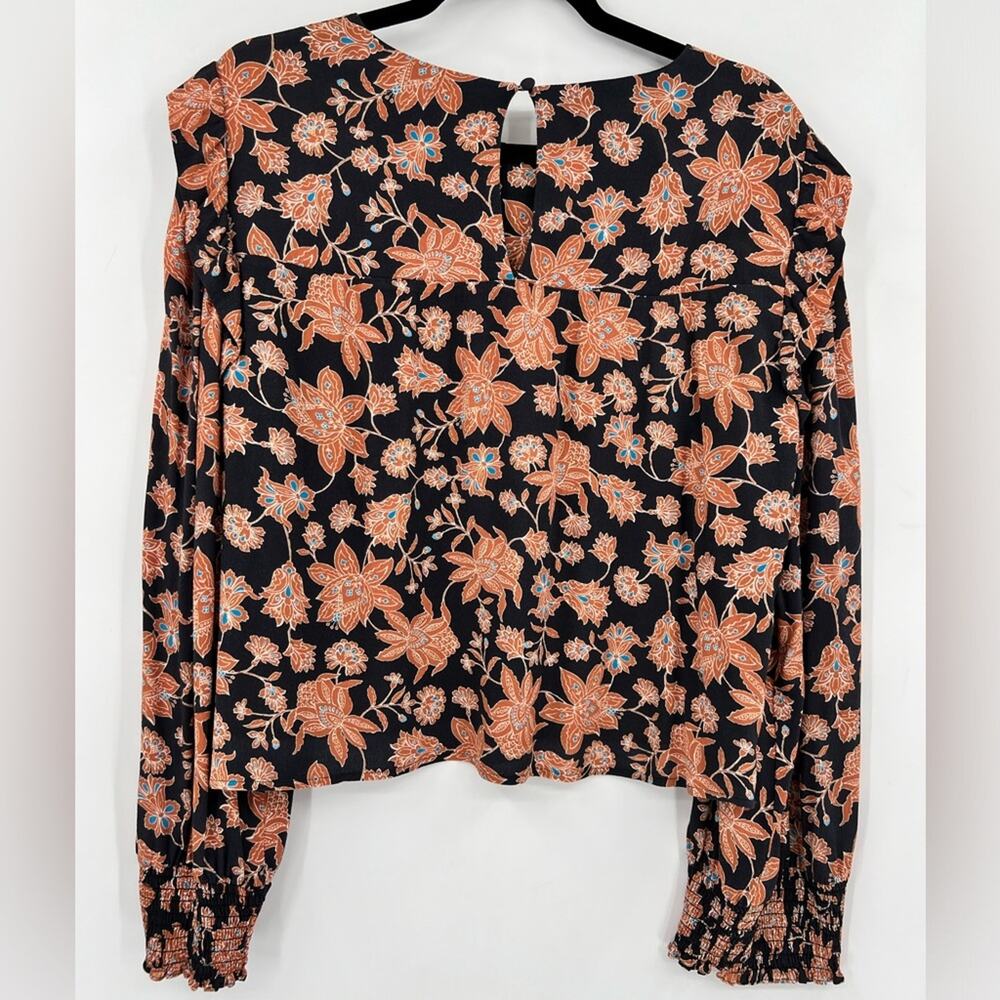 Rebecca Minkoff Floral Blouse Top Ruffle Shoulder Smocked Sleeve Flower Large - Picture 2 of 12